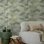 Bamboo oil painting wallpaper with olive leaves and ochre canes on a soft blue-grey ground