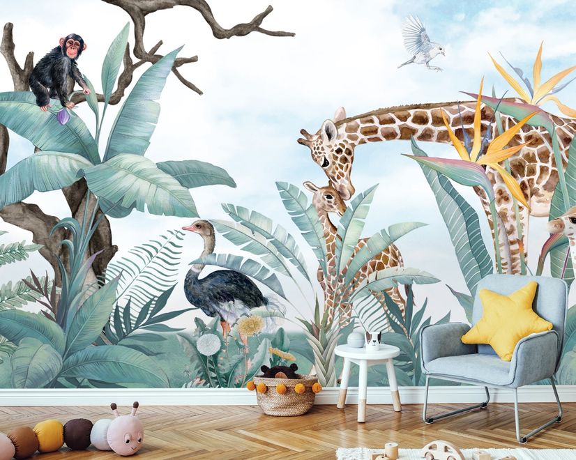 Animaux safari avec des feuilles tropicales fraîches papier peint panoramique