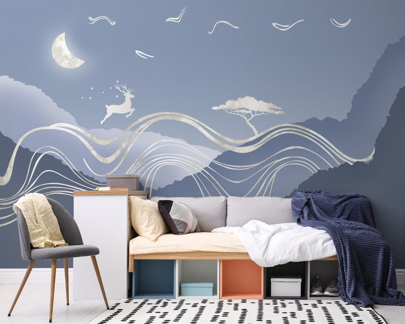 Watercolor Abstract Lines and Horned Deer Wallpaper Mural