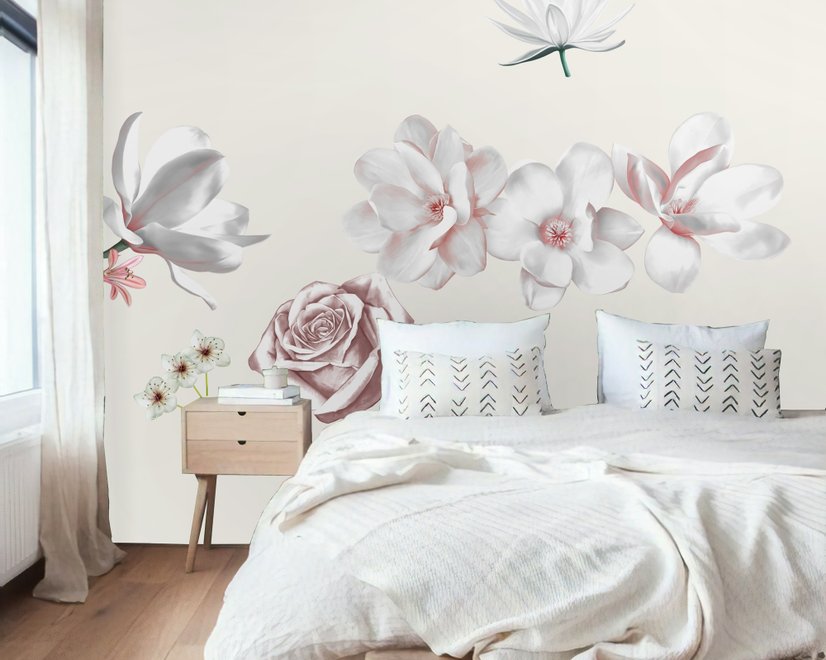 3D Floral White Daisy Lily Orchid Flower Bouqets Wall Decal Sticker