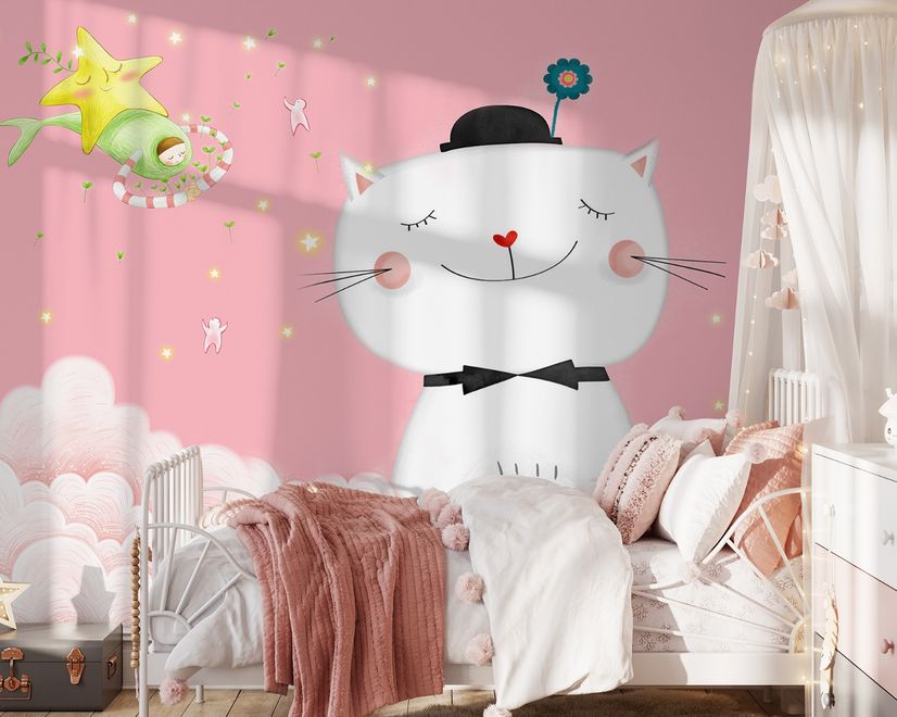 Fototapete Cartoon Glückliche Katze auf den Rosa Wolken