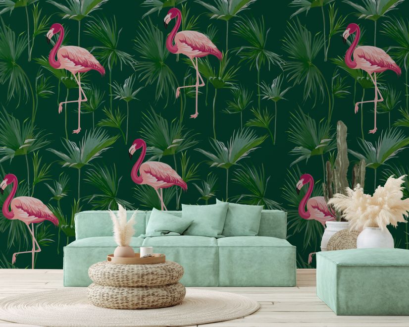 Pink Flamingo in the Tropical Forest Wallpaper Mural
