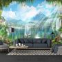Papier peint panoramique cascade et cygne blanc avec fleurs de jardin