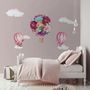 Colorful Floral Bouqet Hot Air Balloon and Pink Clouds Wall Decal Sticker