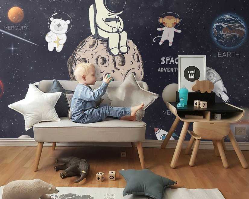 Fototapete Astronaut und Tiere im Weltraum für Kinder