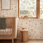 Woodland nursery wallpaper pattern with watercolour fawns, fox cubs, rabbits, teddy bears, birds and ducklings on cream