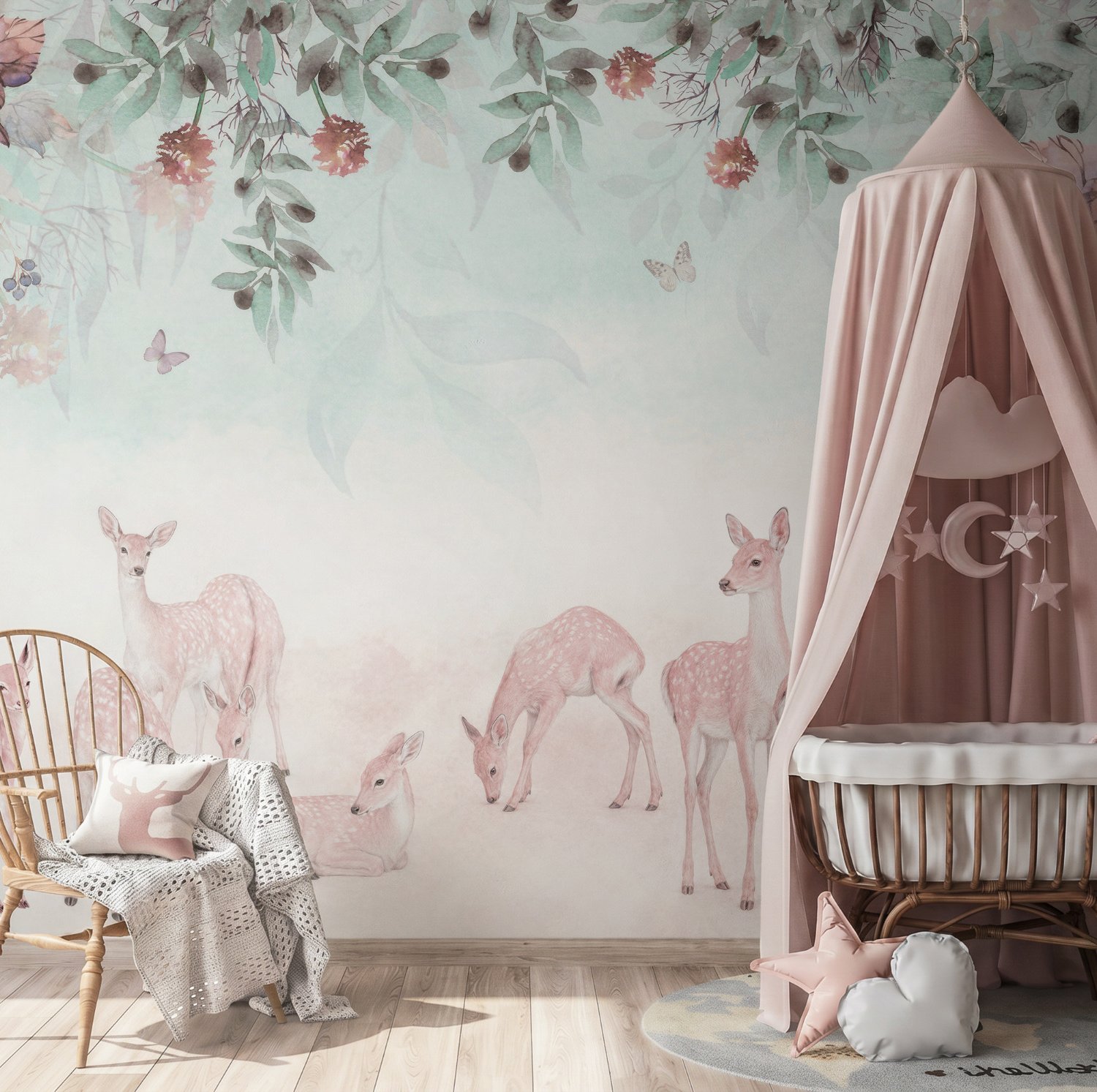 Deer in the Floral Garden Wallpaper Mural - Peel and Stick