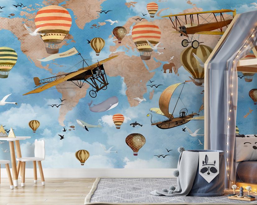 3D Look Kids World Map with Hot Air Balloon Wallpaper Mural