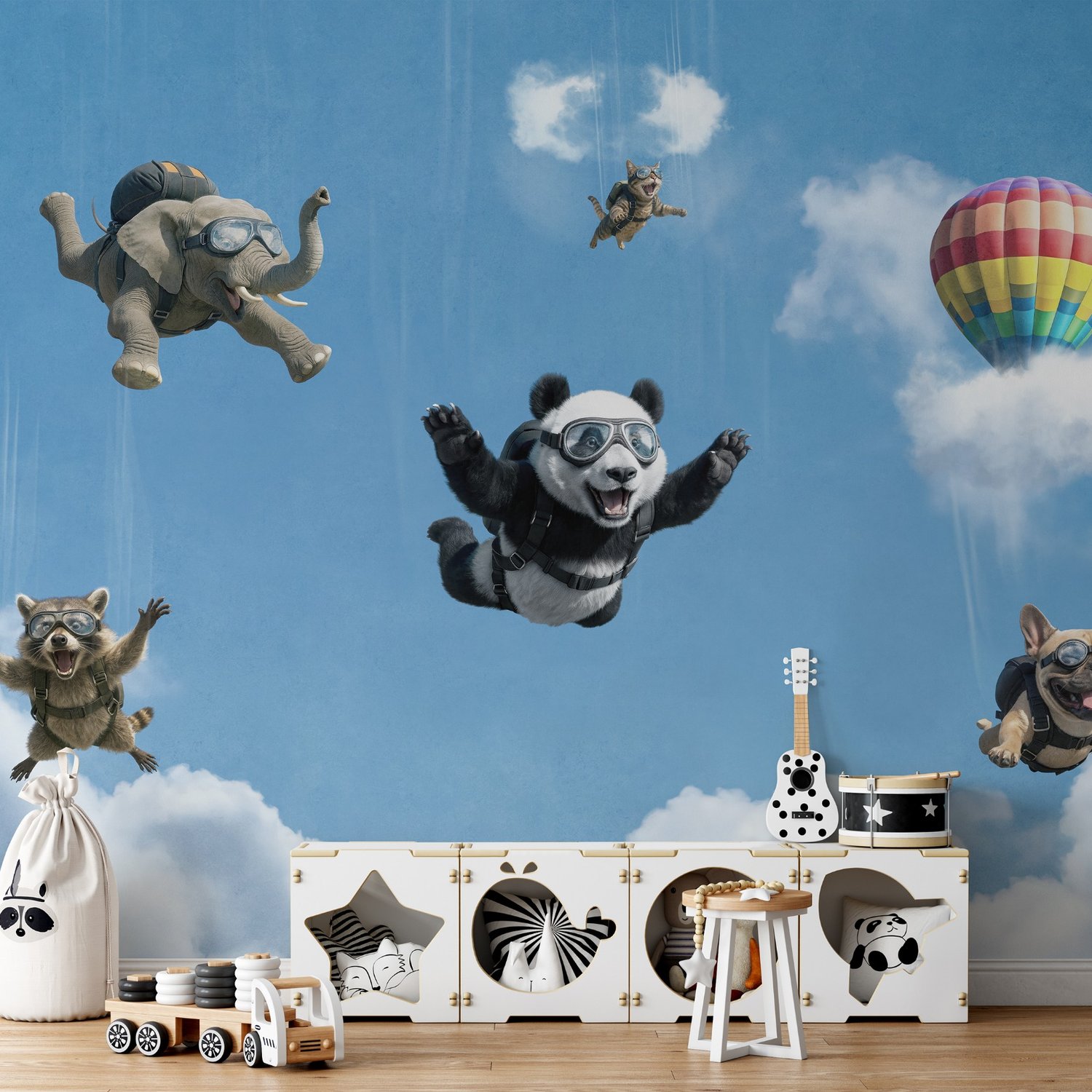 Kids Playful Animal Skydiving Wallpaper Mural - Peel and Stick