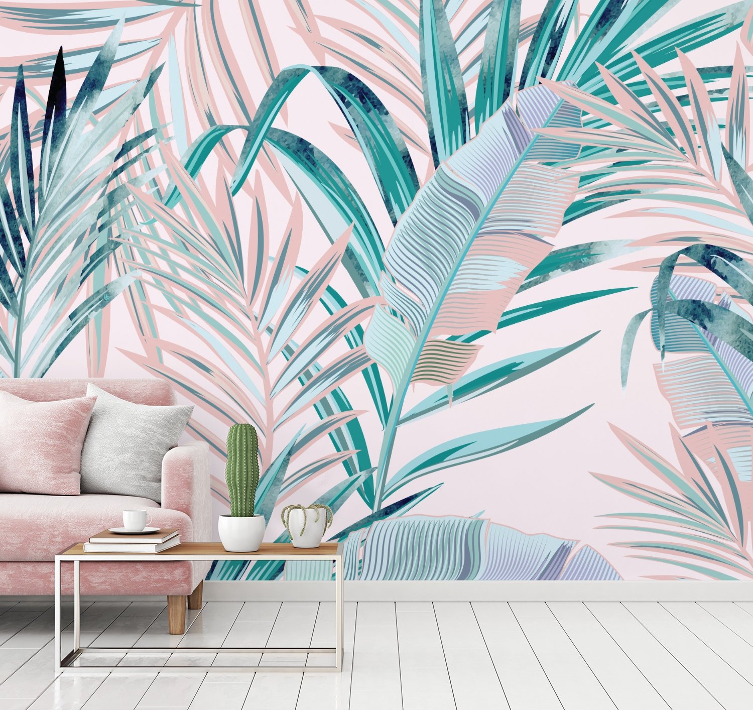 Tropical Pink Exotic Colorful Palm Leaf Wallpaper Mural - Peel and Stick