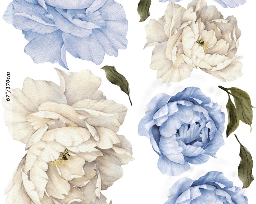Blue White Peony Floral Bouqets with Green Leaves Wall Decal Sticker