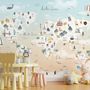 Kids Pink World Map with Cute Animals and Little Balloons Wallpaper Mural