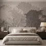 Misty forest nature wallpaper mural in greige, taupe and charcoal watercolour with birds
