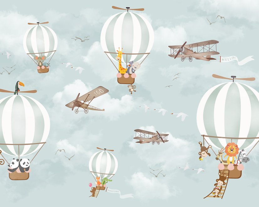 Montgolfière avec des animaux de dessin animé pour d'enfant papier peint panoramique
