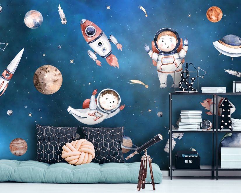 Kinder Aquarell Weltraum mit Planeten Fototapete