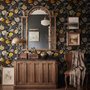 Japanese art wallpaper pattern with koi fish, gold peonies, mauve flowers and grey clouds on black