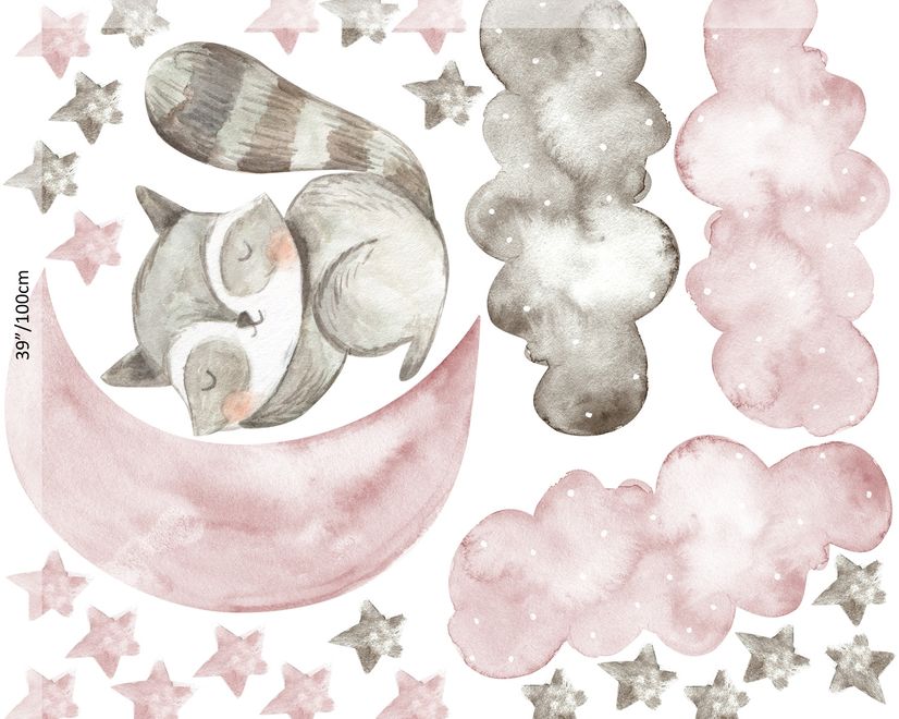 Stickers muraux raton laveur mignon et étoiles roses grises aquarelle pour enfants et bébé