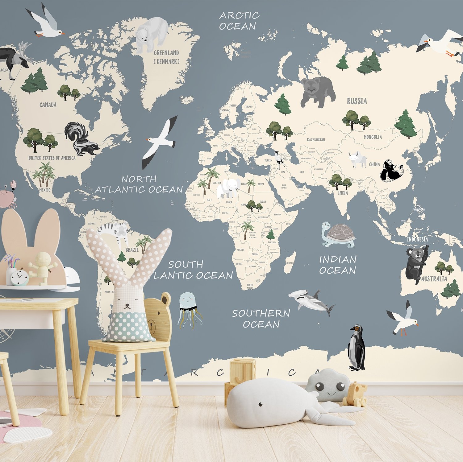 Kids Political Soft World Map with Cute Animals Wallpaper Mural - Peel and Stick