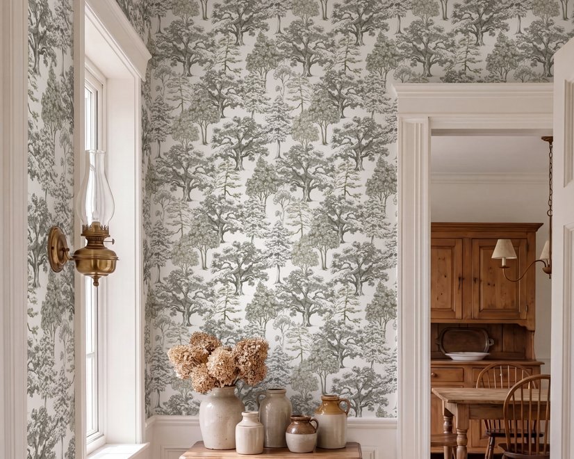 Monochrome wallpaper with grey tree toile on a clean white ground