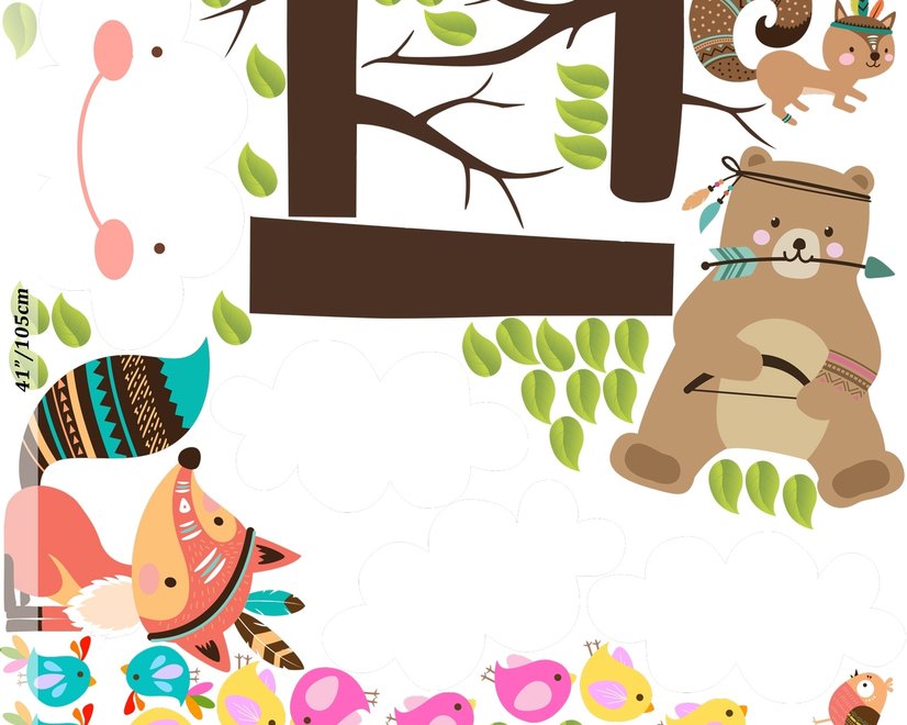 Kids Cute Fox and Bear and Cartoon Tree with Little Birds Wall Decal Sticker