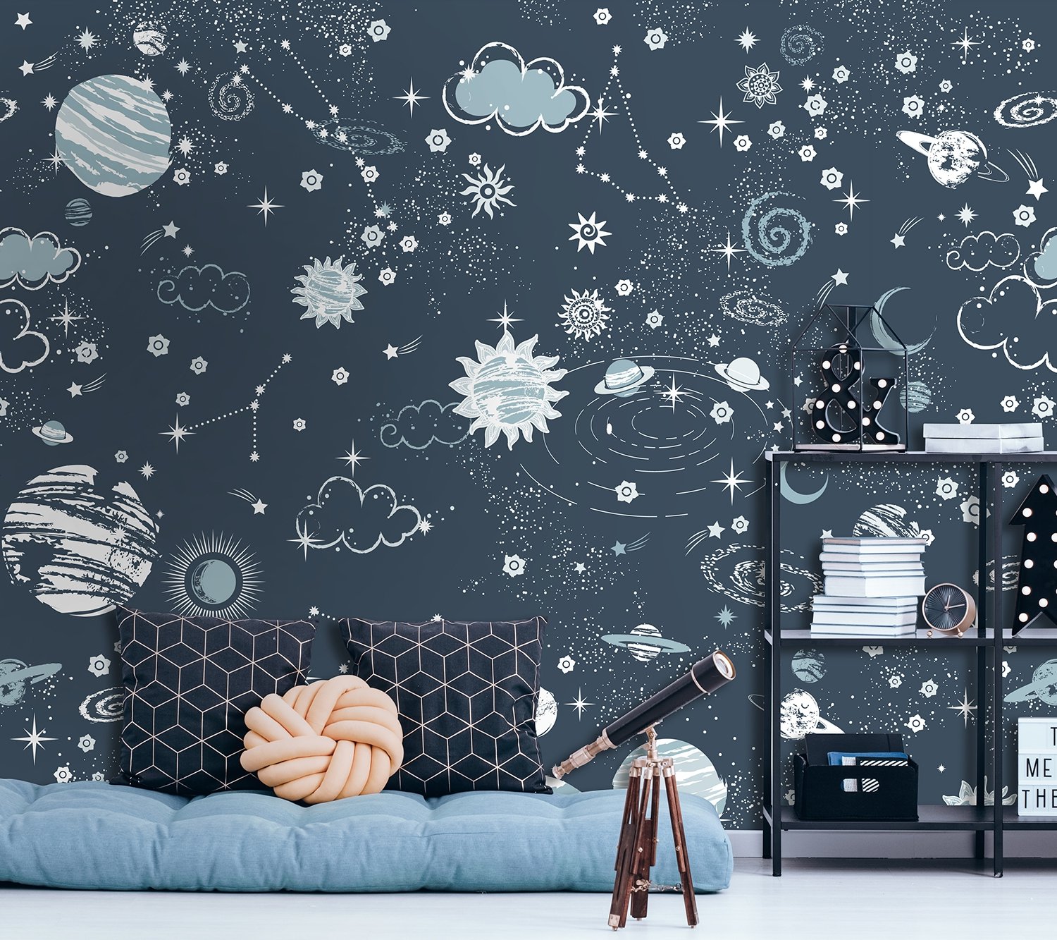 Dark Space Starry Sky with Blue Planets Wallpaper Mural - Peel and Stick