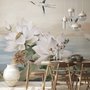Papier peint lotus blanc oiseaux grue