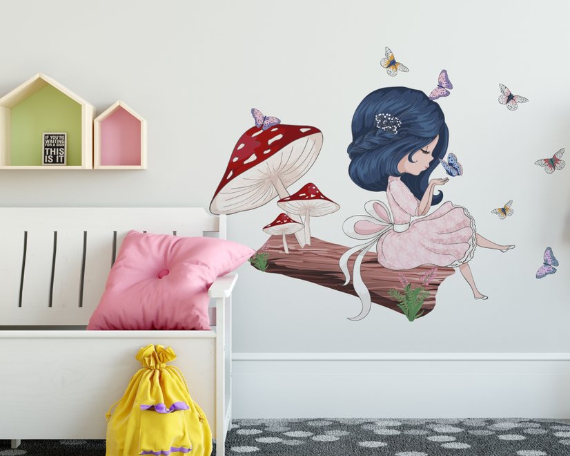 Cute Little Girl in the Forest with Colorful Butterfly Wall Decal Sticker