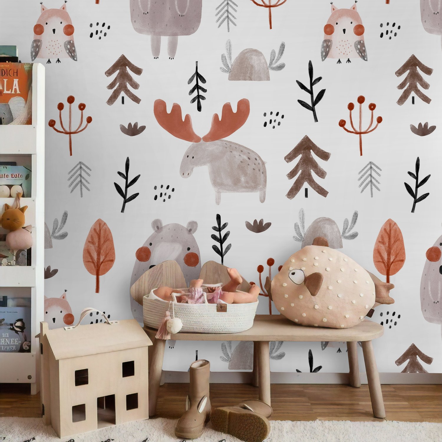 Cute Cartoon Animals with Twigs Wallpaper Mural - Peel and Stick