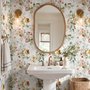 Watercolour floral wallpaper with sage leaves, blush and ochre flowers on a white ground