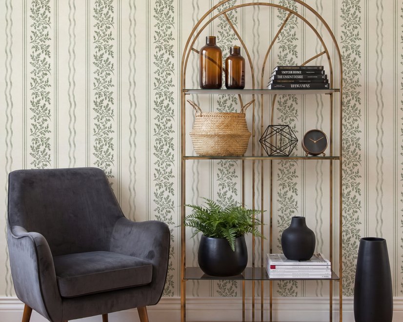 Green aesthetic wallpaper with sage leafy sprigs, fine vertical rules and dotted borders on cream ivory