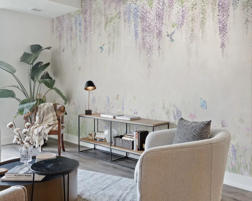 Watercolor Hanging Wisteria Flowers with Hummingbirds Wallpaper Mural 