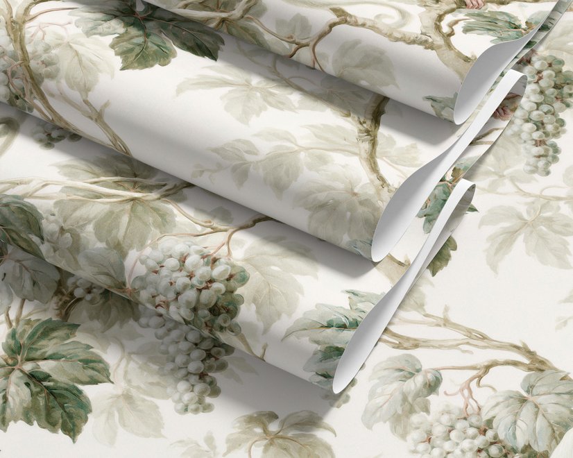 Vintage nature wallpaper with pale monkeys, sage grape leaves, white grape clusters and taupe vines on ivory.