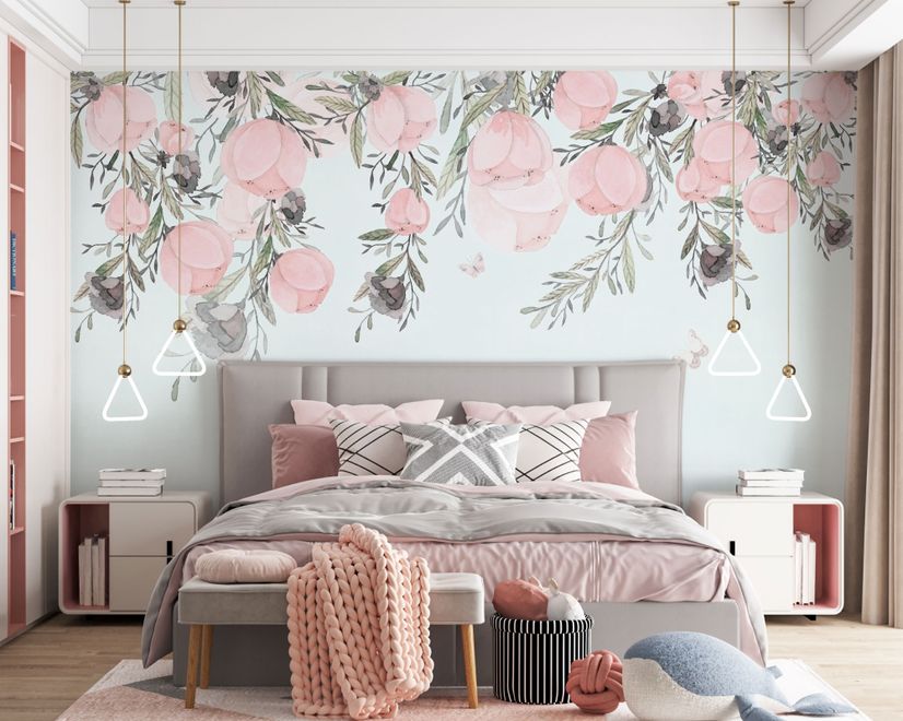 Vintage Pink Vine Flowers Wallpaper Mural