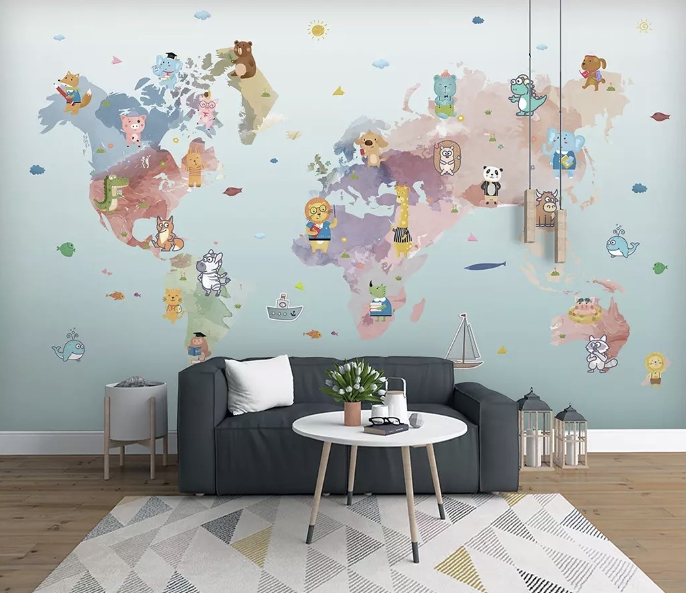 Pink Purple World Map with Animals Wallpaper Mural - Peel and Stick