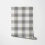 Beige, oat and cream-white plaid wallpaper with fine navy-blue stripes and printed linen texture