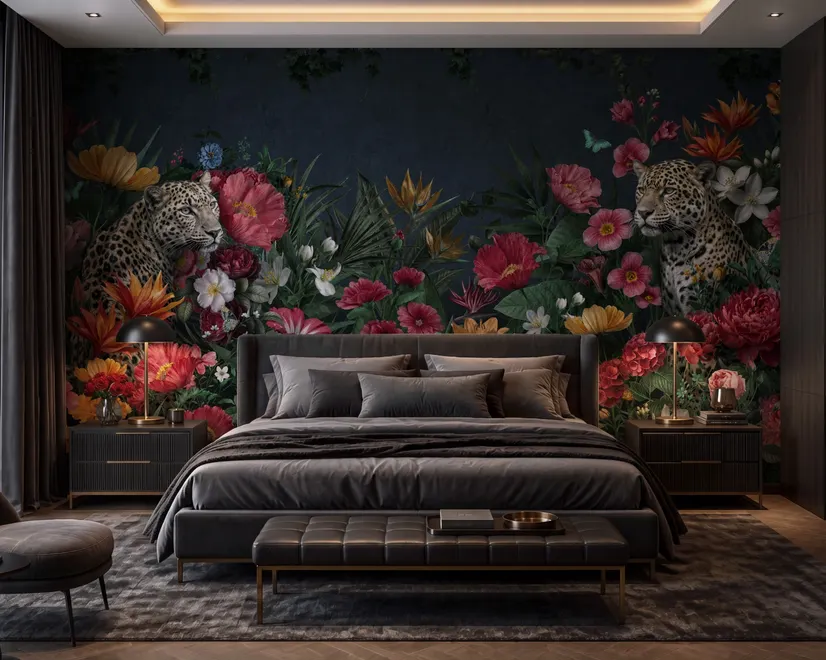 Elegant Tropical Botanical Floral and Leopard Wallpaper 