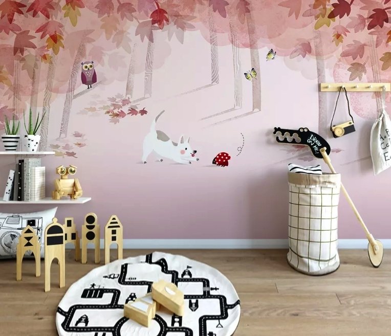 Pink Forest with Cats and Owl Wallpaper Mural - Peel and Stick