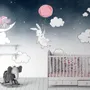 Cartoon Nightscape with Rabbit and Elephant Wallpaper Mural