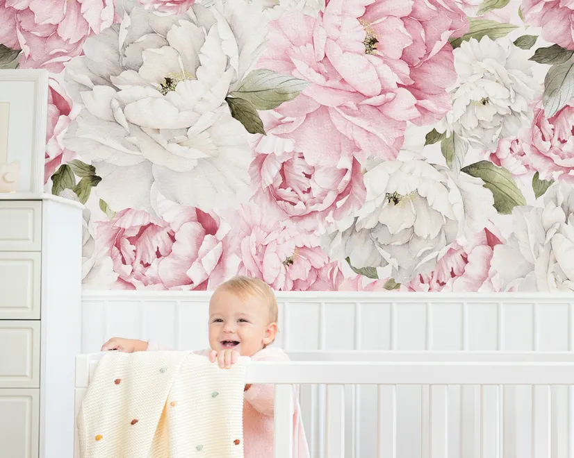 Nursery Watercolor Pink Peony Floral Blossom Wallpaper Mural