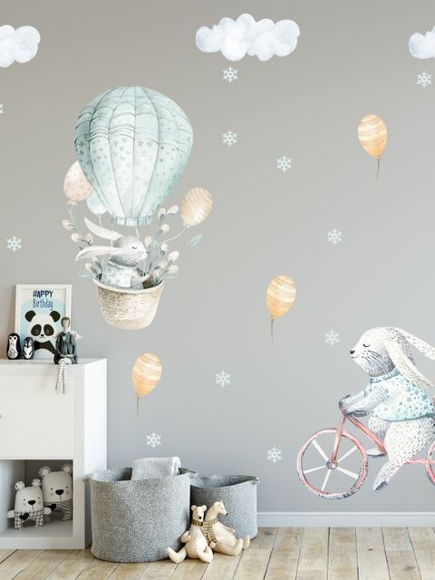 Stickers muraux lapin cartoon ballons flocons neige enfants