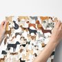 Zoomie kids wallpaper with painted dog breeds in tan, brown, black and grey on white