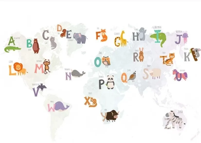 Kinder Alphabet Weltkarte mit Cartoon-Tieren Fototapete