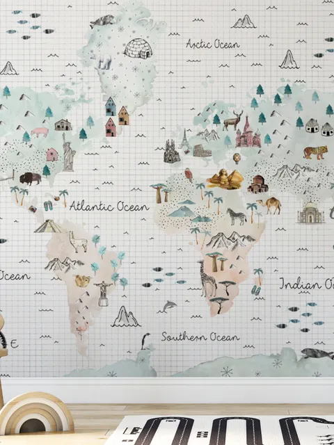 Kids Map with Little Animals Wallpaper Mural