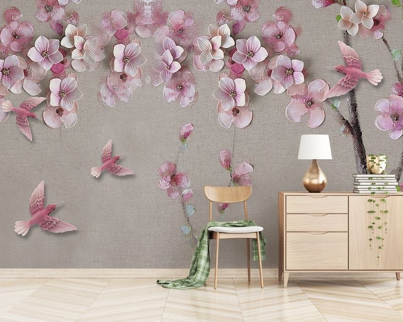 Cherry Blossom with Pink Birds Wallpaper Mural