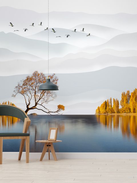 River Landscape and Yellow Autumn Trees Wallpaper Mural
