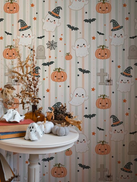 Cute autumn wallpaper with white ghosts, orange pumpkins, black bats and sage striped background