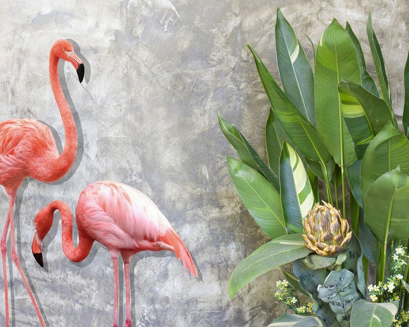 3D Look Pink Flamingo with Tropical Leaves Wallpaper Mural
