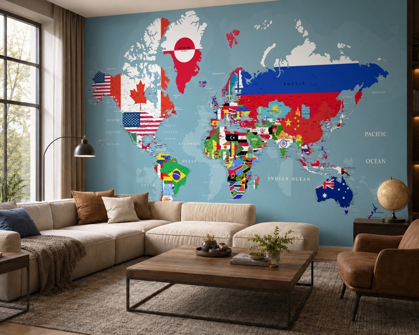 Country Flags on World Map Wallpaper Mural
