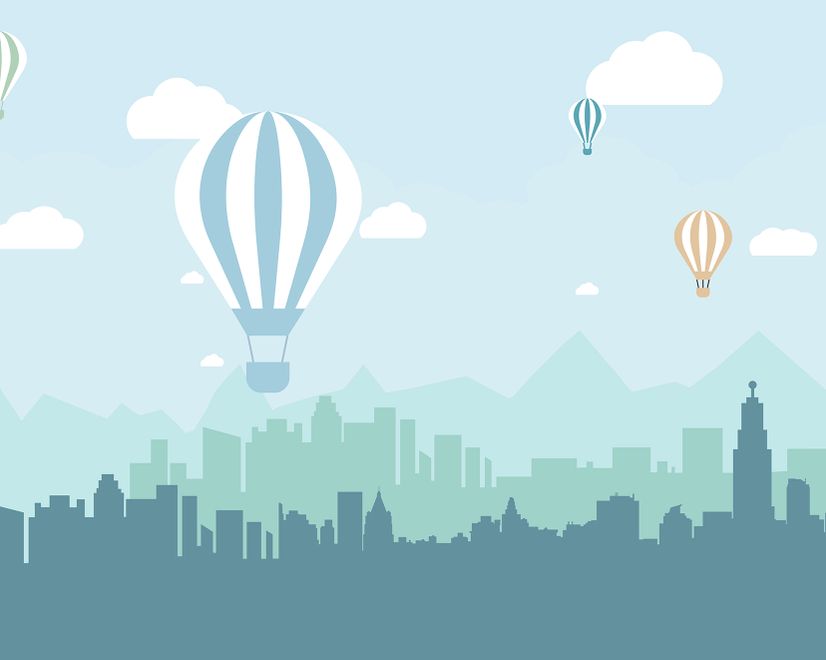Hot Air Balloon and Blue City Landscape Wallpaper Mural