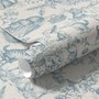 Cute cats wallpaper with dusty blue toile kittens, roses and garden scenes on warm cream